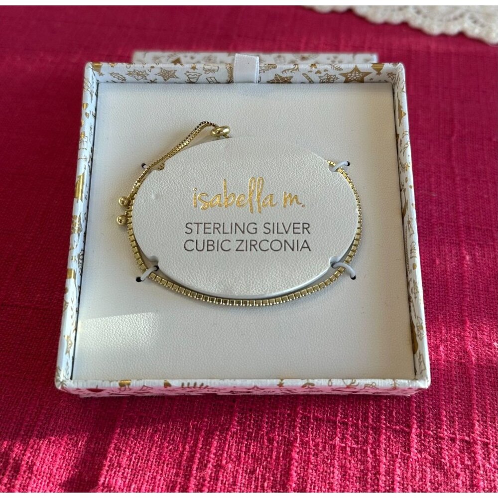 NEW Isabella M. Gold Over Sterling Silver Thin CZ Bolo Bracelet w/Gift Box